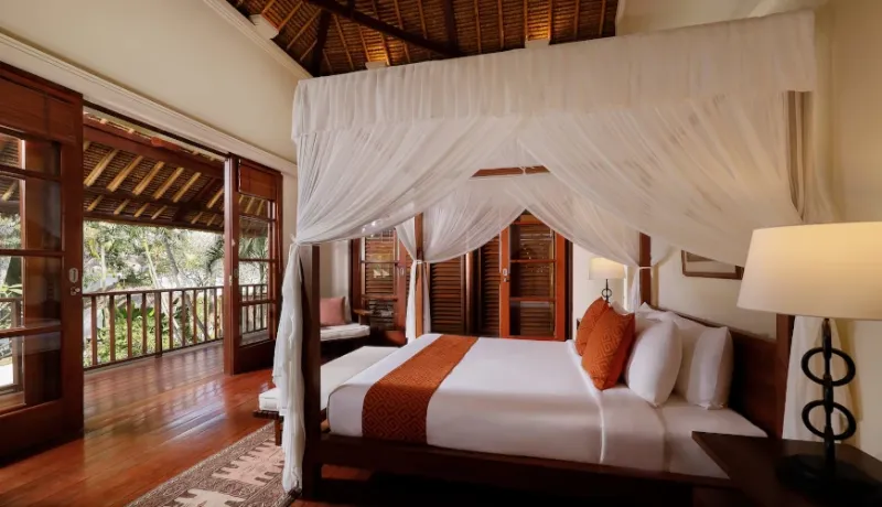 Elegant master bedroom, private balcony at Villa Fabreya