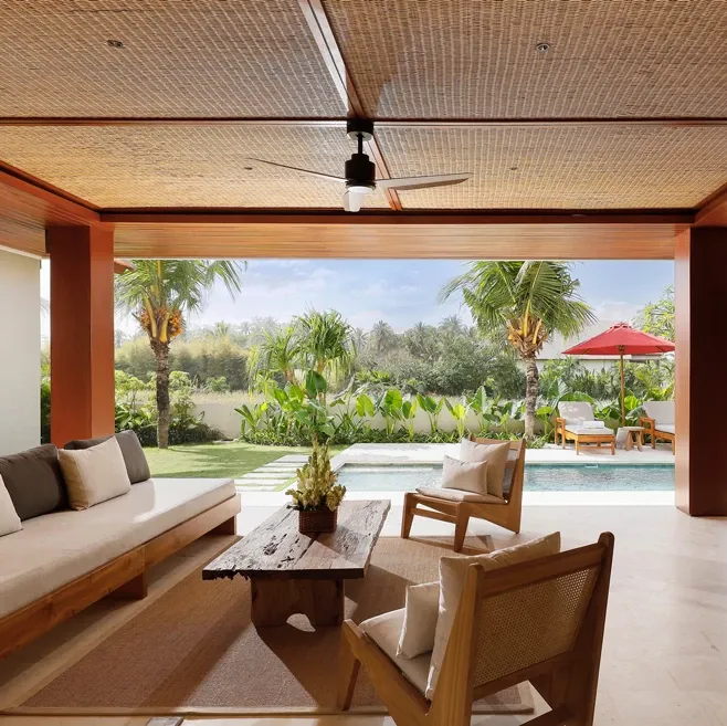 Boasts spaciousness its semi-outdoor living area overlooking a glimmering private pool at Villa Maya Pasut