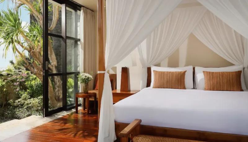 Luxury bedroom, tropical view, indoor-outdoor living at Villa Jamalu