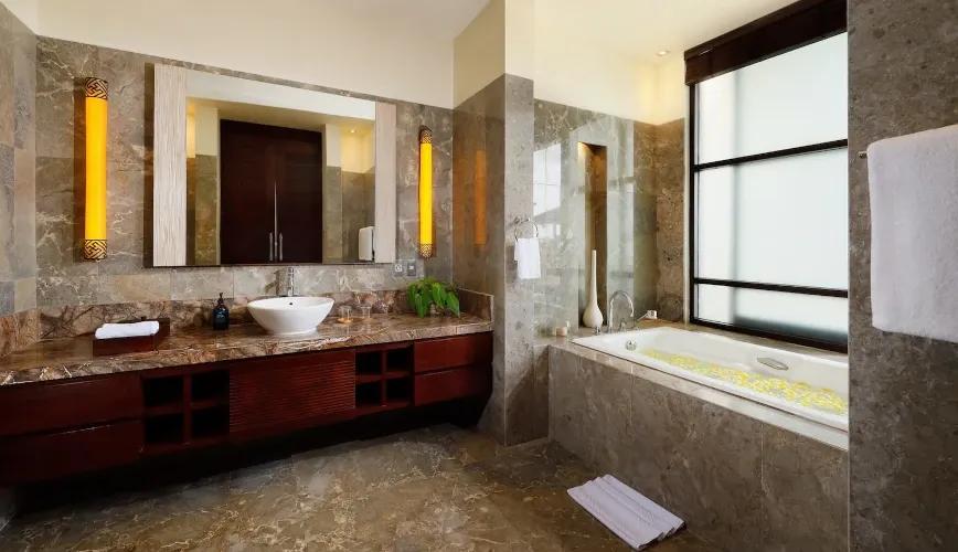 Luxury marble bathroom, modern Bali villa. Villa Jamalu