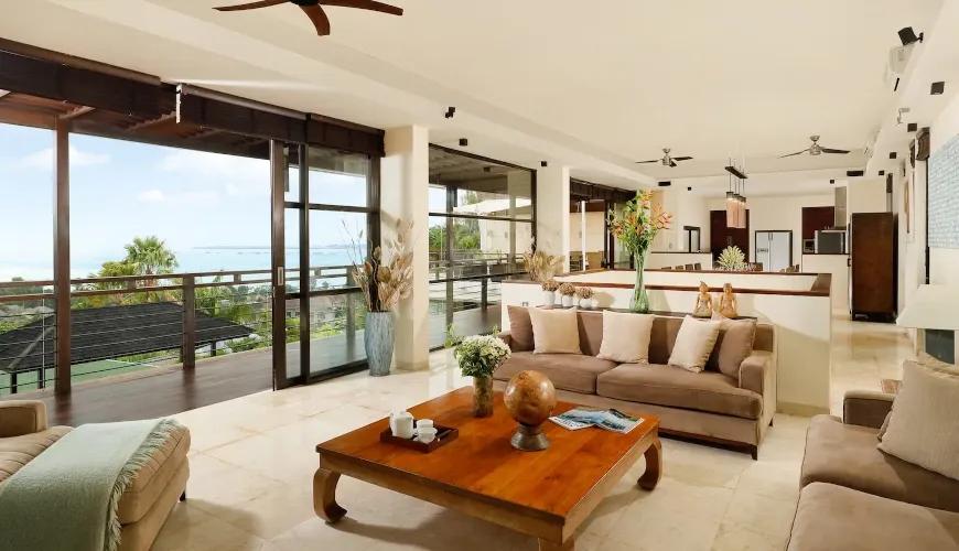 Luxury ocean view living room, Bali villa. Villa Jamalu