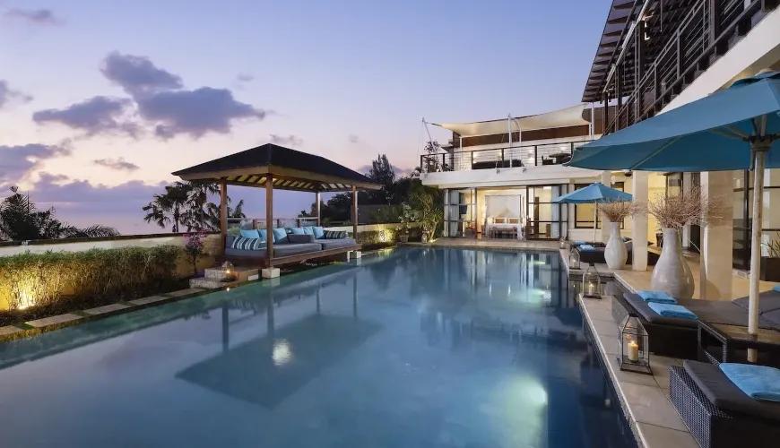 Luxury villa pool, ocean view sunset at Villa Jamalu