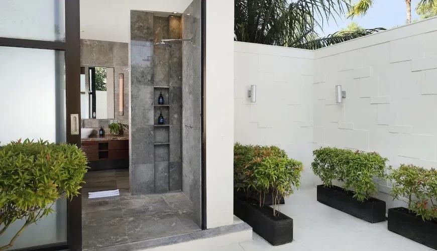 Outdoor shower, unique bathroom design, Bali villa at Villa Jamalu