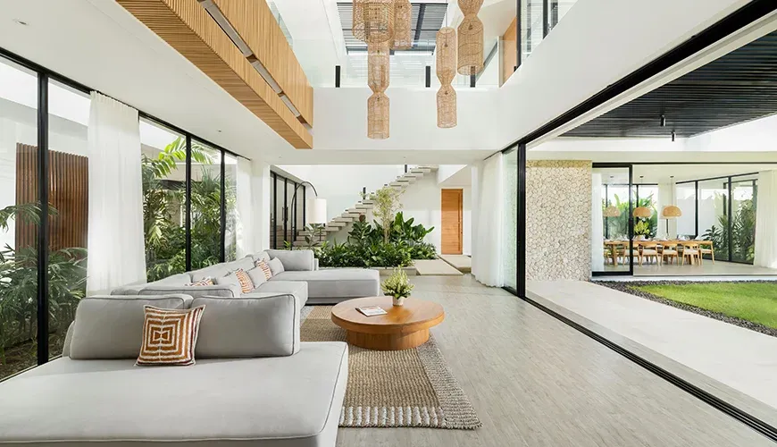 Stylish living space with modern furniture and unique lighting at Arita Villa