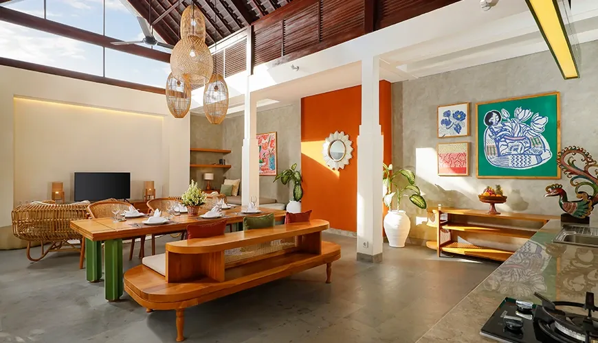 Colorful open-plan Balinese living area with dining and kitchen at bumbak park
