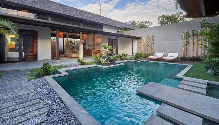 Modern villa with private pool minimalist design sun loungers bamboo garden at Bumbak Park