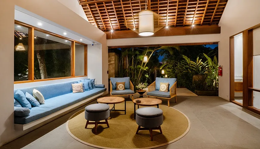 Spacious villa lobby comfortable seating area lounge furniture wooden ceiling design at Bumbak Park