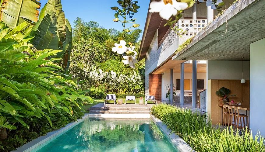 Modern villa entrance features a long pool and vibrant lush tropical landscaping at caSabama