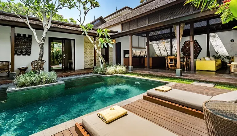 beautiful villa private pool deck sun loungers outdoor living area canggu