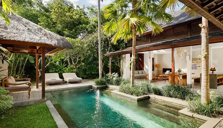 serene villa private pool thatched roof gazebo lush tropical garden canggu
