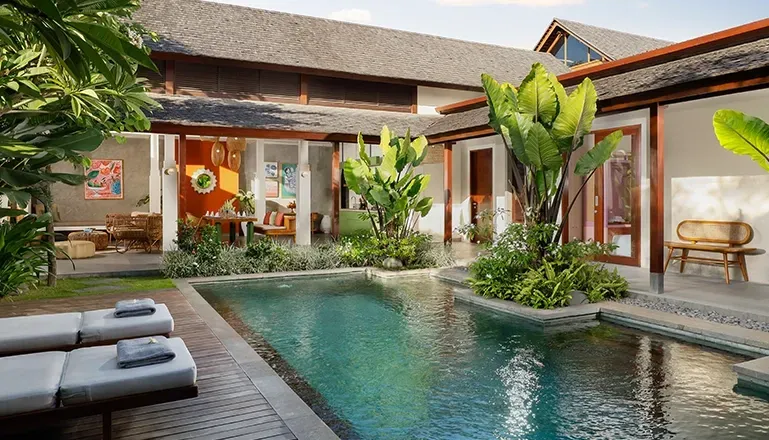 luxurious villa private pool courtyard design surrounded by lush greenery in canggu