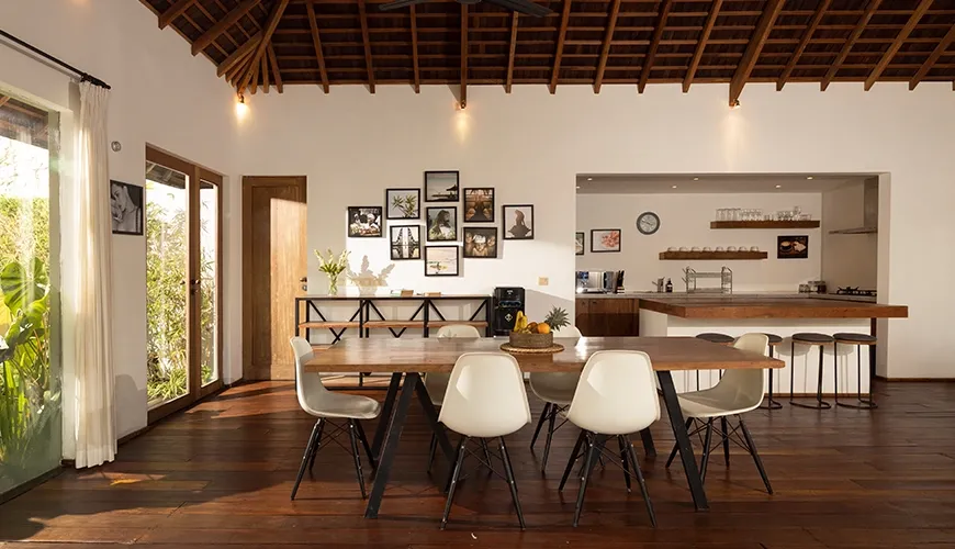 Tropical villa dining space kitchen view at Kuma Umalas Villa
