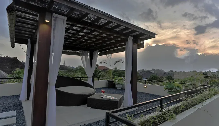 Stunning rooftop gazebo in Kuta with a relaxing lounge space at Kumuda Villa