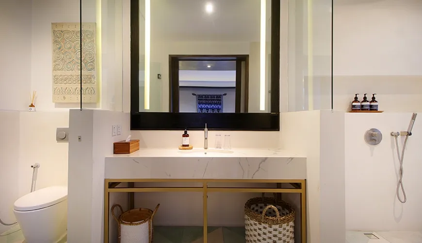 Modern walk in shower and toilet area featuring a large vanity mirror with warm recessed ambient lighting for grooming at Leceni Villa