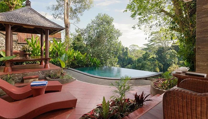 Peaceful outdoor villa patio with a private infinity pool and comfortable lounge chairs overlooking the lush forest at Leona Valley View 2BR