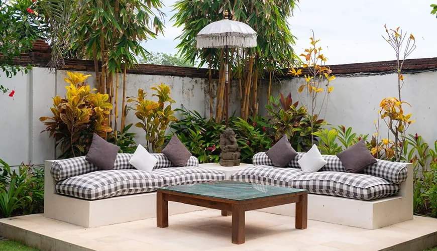 Bali villa private garden lounge area at Majapahit Villa Nataraj