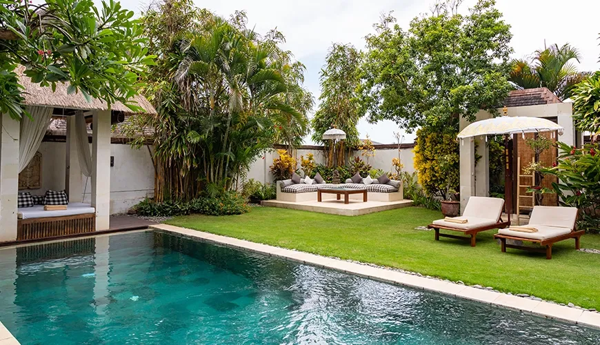Luxurious Bali villa private terrace pool at Majapahit Villa Nataraj