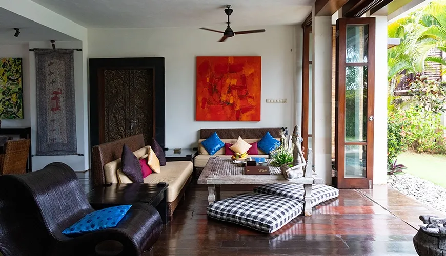 Modern Bali villa living with pool view at Majapahit Villa Nataraj