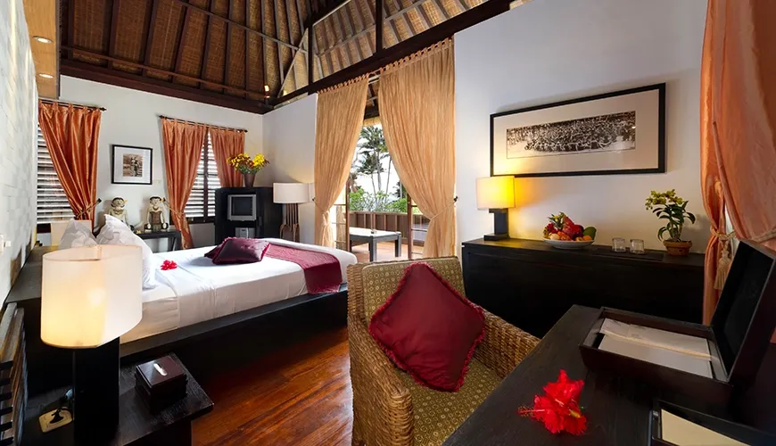 Bali villa bedroom private balcony view at Majapahit Villa Raj