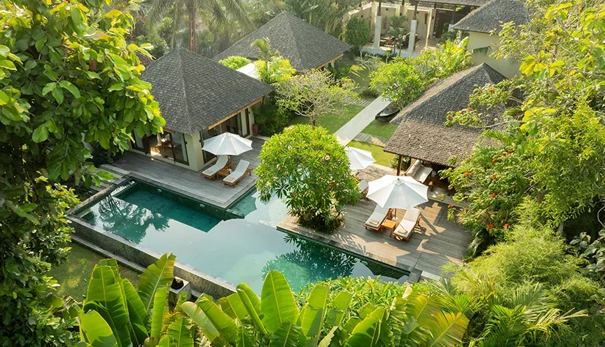 Aerial view of tropical villa with pool garden at Nelayan Villa