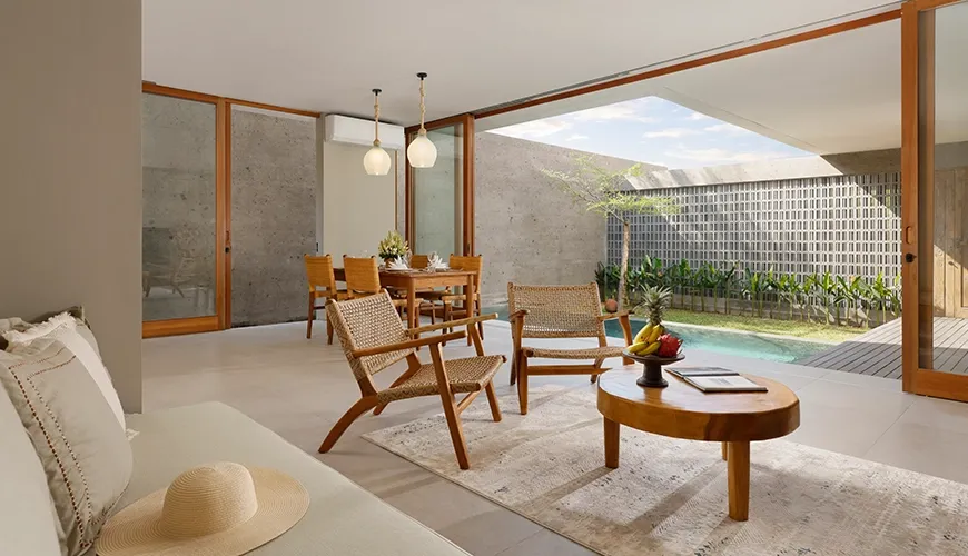 Spacious open-plan living dining and kitchen area at Pulang Villas