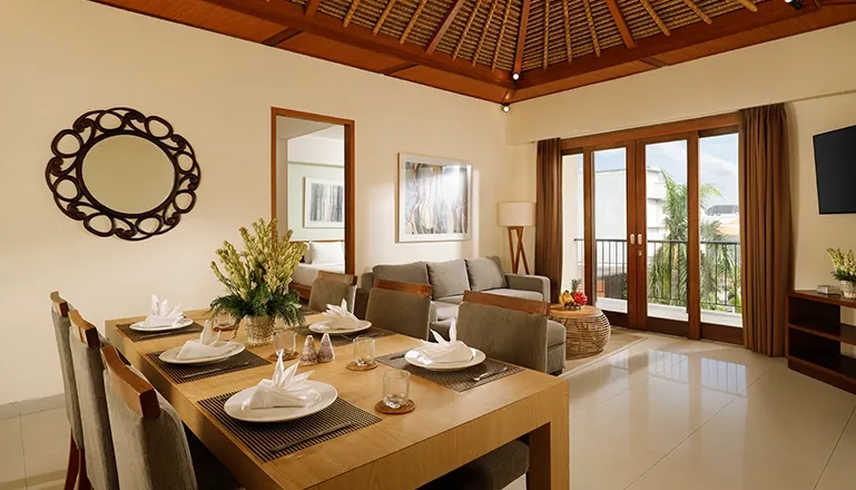 Elegant penthouse living dining area balcony view traditional roof design at Sara Residence