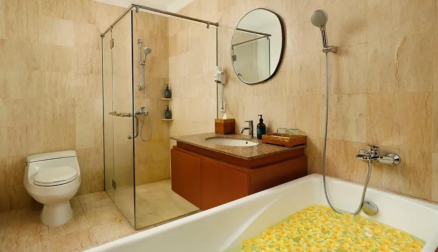 Modern bathroom shower glass enclosure bathtub flower petals vanity mirror at Sara Residence