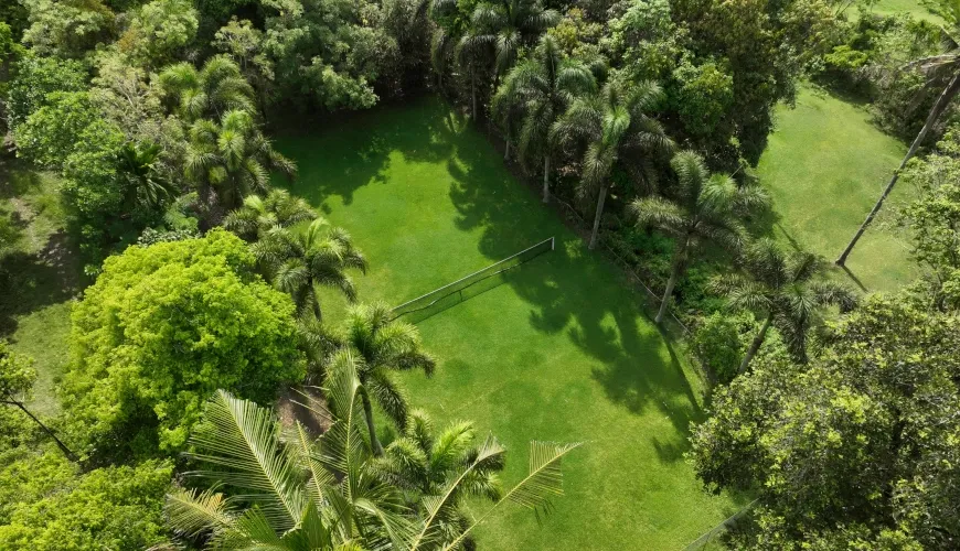 Aerial view of lush green tennis court surrounded by palm trees at The Vove Bali