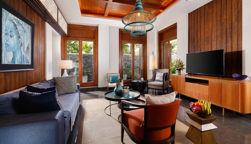 Luxury villa living room with modern tropical decor at The Tulou Bali Villa