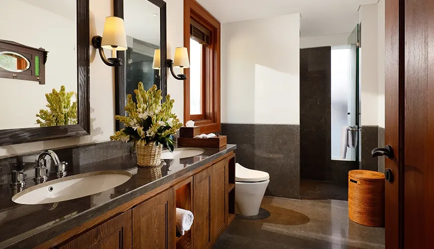 Bali villa bathroom, luxurious amenities, inviting ambiance at The Tulou