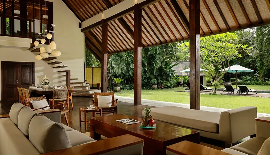 Beautiful common space featuring traditional and modern elements at Tirtadari Villa