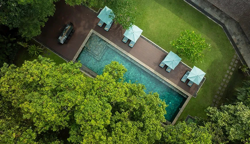 Expansive property with lush gardens and swimming pools at Tirtadari Villa