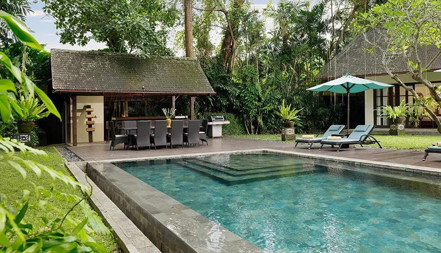 Tropical landscape showcasing diverse plants and peaceful ambiance at Tirtadari Villa