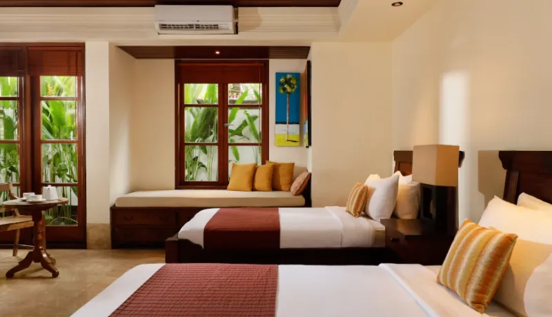 Comfortable twin bedroom, lush garden views at Villa Alejandra