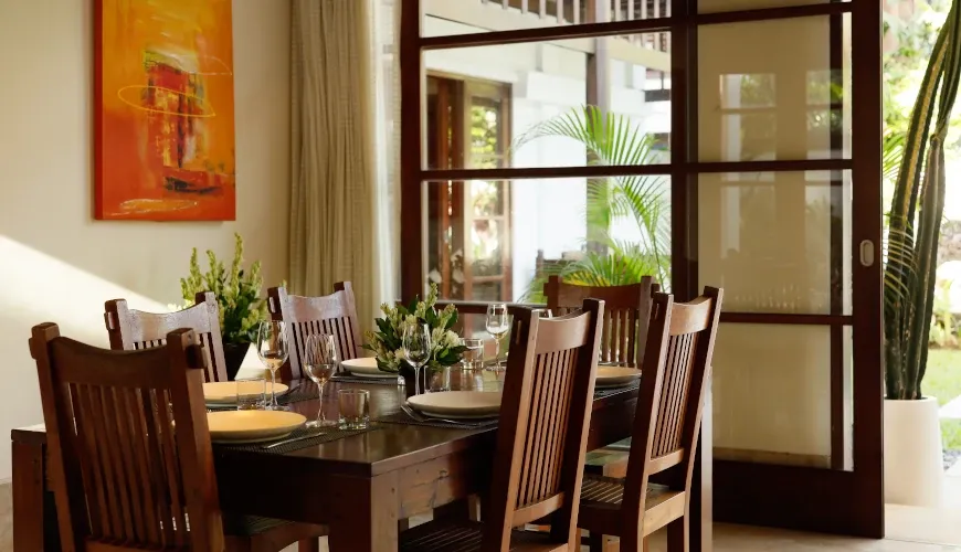 Elegant dining room, tropical garden views at Villa Alejandra