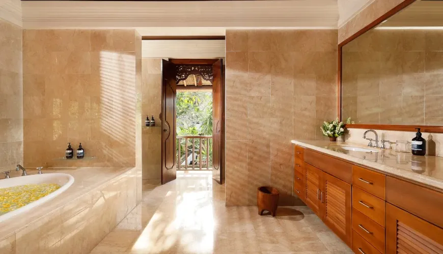 Luxurious bathroom, spa-like bathtub, outdoor access at Villa Alejandra