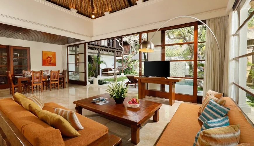 Open-concept living dining, lush garden views at Villa Alejandra