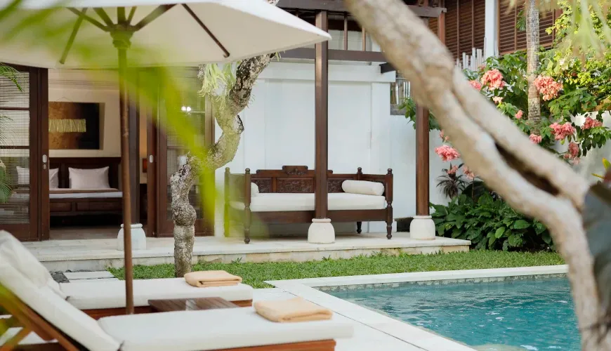 Private pool access bedroom, luxurious poolside loungers at Villa Alejandra