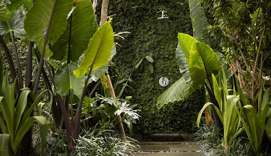 Tropical Bali outdoor rain shower experience at Villa Ambara