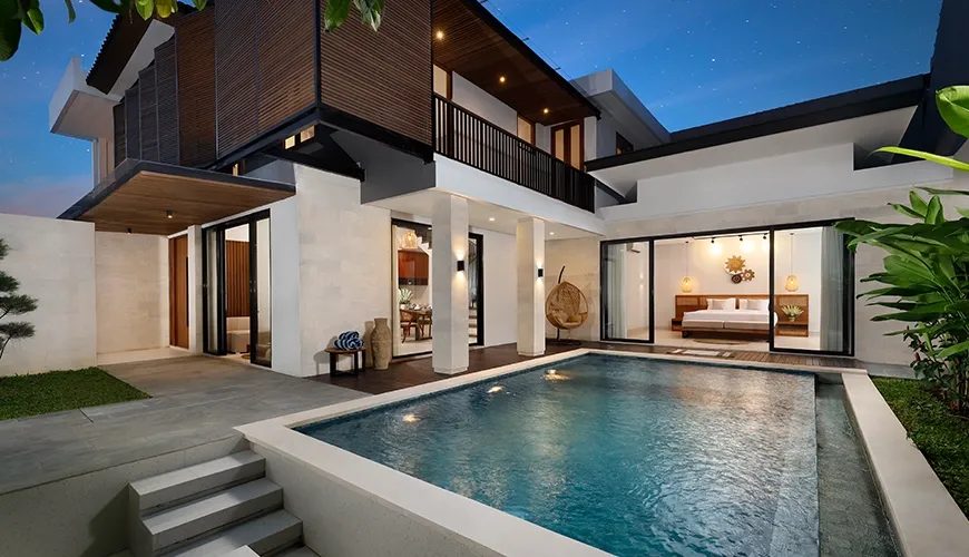 Contemporary villa with private pool under the starlit evening sky at Villa Ananya