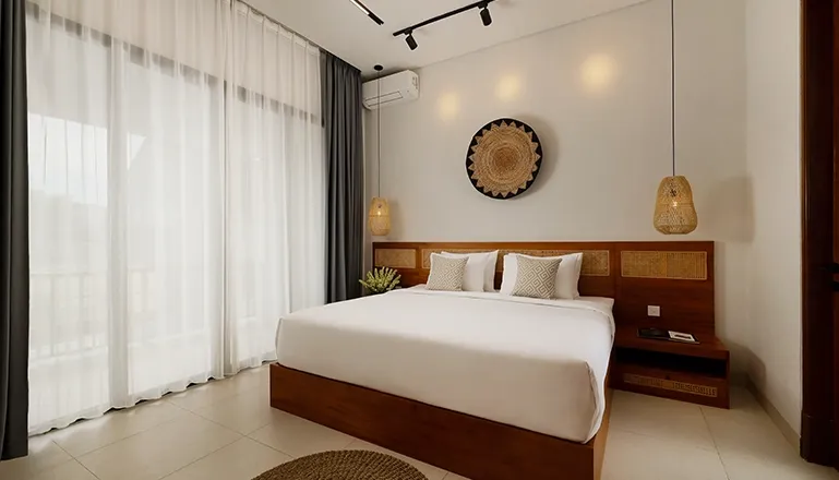 King bed with rattan headboard modern lights and sunlit windows at Villa Ananya
