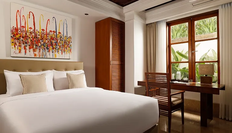 Comfortable Bali villa bedroom, modern design, garden view at Villa Avaya