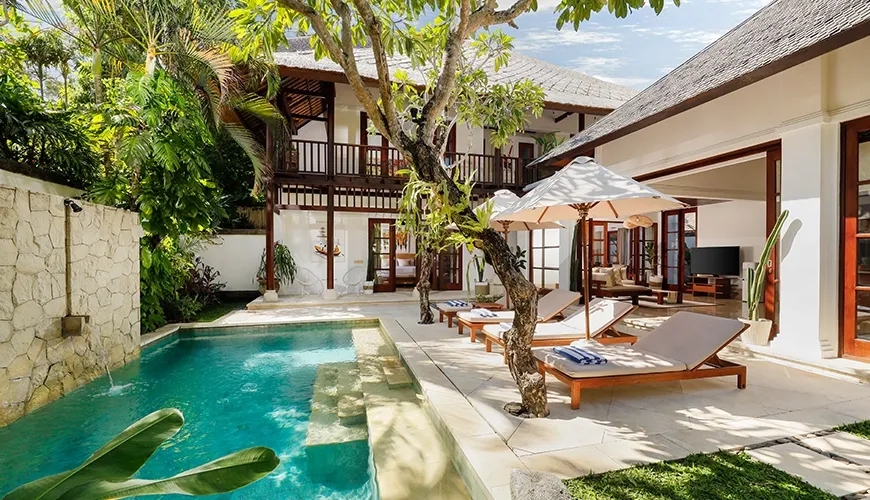 Luxury Bali villa bedroom private balcony at Villa Avaya