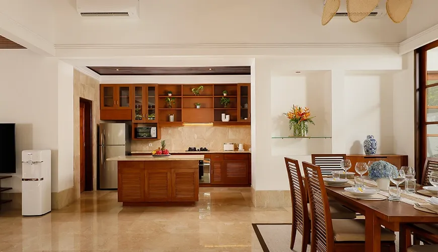 Modern Bali villa kitchen and elegant dining area at Villa Avaya