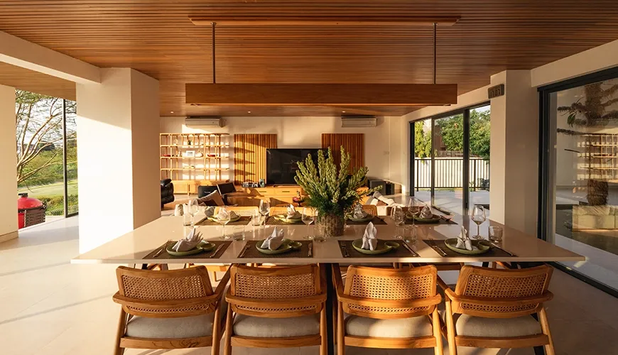 Modern Bali villa dining room with stunning views at Villa Avocagolf