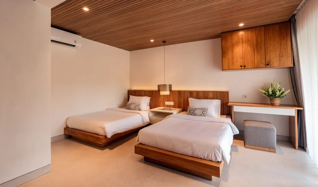 Serene twin bedroom with natural wood accents and clean lines at Villa Avocagolf