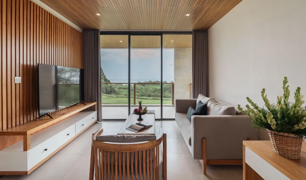 Sleek living space with a large television and balcony access at Villa Avocagolf
