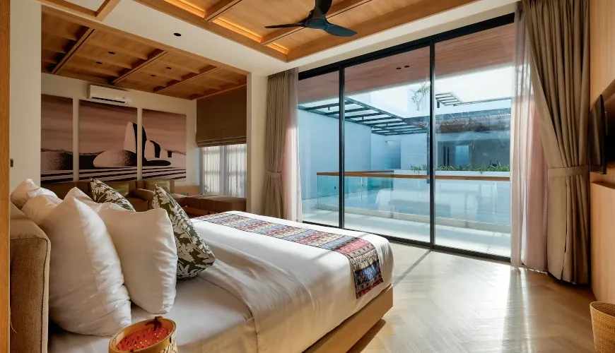 Modern bedroom with floor-to-ceiling windows and pool view at Villa Brandon
