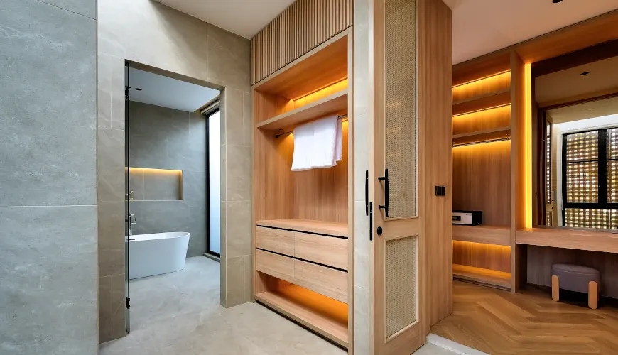Modern dressing area with built-in closet and lighting at Villa Brandon