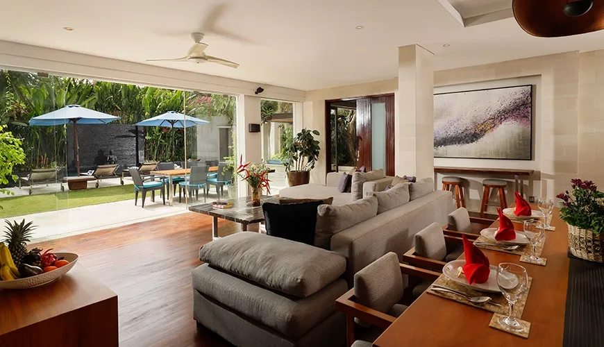 Bali villa open living dining pool at Villa Camellia
